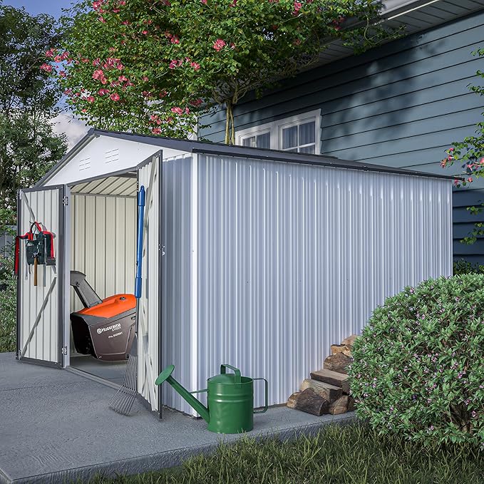 10X8 FT Outdoor Storage Shed, All Weather Metal Sheds with Lockable Doors, Tool Shed for Garden, Patio, Backyard, Lawn, White