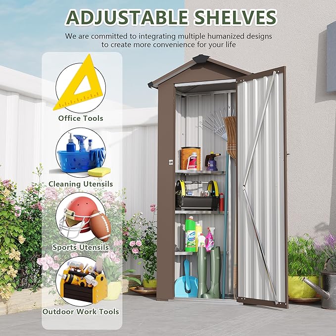 2.5x1.4 FT Mini Outdoor Storage Shed, Plastic Shed with Floor, Lockable Door, Adjustable Shelves & Sloping Roof, All-Weather Resin Shed for Garden, Backyard, Patio, Lawn (Brown)