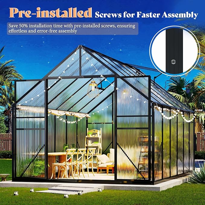 Amerlife 8x8x7 FT Outdoor Polycarbonate Greenhouse, Walk-in Aluminum Frame Design with Two Windows & Swing Door, Durable Garden Structure in Black