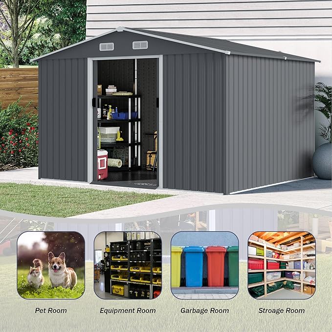 Outdoor Storage Shed 8 x 10 FT Large Metal Tool Sheds, Heavy Duty Storage House with Sliding Doors with Air Vent for Backyard Patio Lawn to Store Bikes, Tools, Lawnmowers Grey