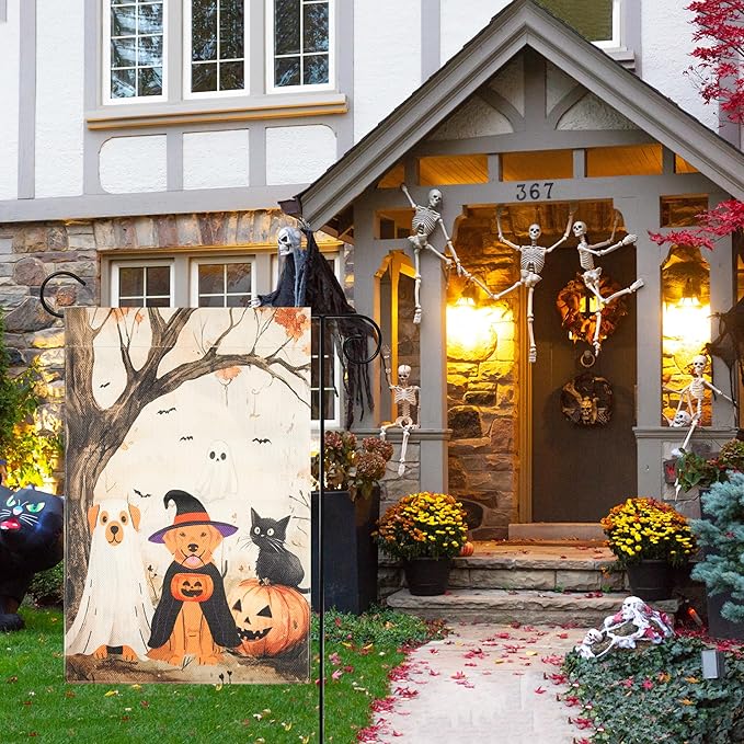 Halloween Garden Flag - Halloween Decorations Outdoor, Yard Flag for Outdoor Holiday Home Decor, Double Sided 12x18 Inch - Cat & Dogs