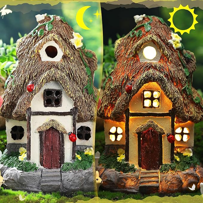 Leyndo 28 Pcs Solar House Garden Accessories Fairy Light up Fairy Figures Garden Kit Resin Miniature Mushroom House Figures Micro Landscape Ornaments(Classic)