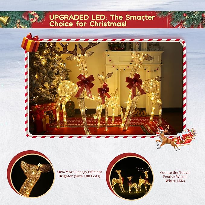 3D Reindeer Family Christmas Decor Set 4.5Ft Lighted Christmas Reindeer/Deer Family Set Outdoor Christmas Yard Decorations with Stakes & Zip Ties for Holiday Lawn Patio Party