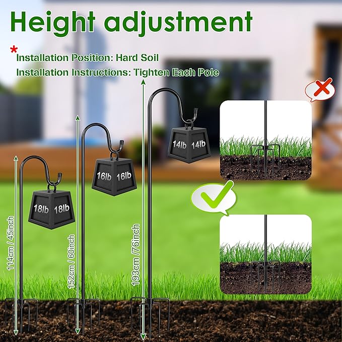 XDW-GIFTS Bird Feeder Pole for Outdoor, 2-Pack 92 Inch Shepherds Hooks Heavy Duty Garden Pole for Hanging Plant Basket, Solar Light Lanterns, Garden Plant Hanger Stands with 5 Base Prongs