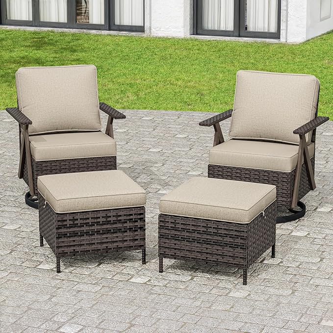 Outdoor Swivel Rocker Chairs Set of 4, Wicker Swivel Patio Chair with Ottomans, Patio Furniture Set for Outside Backyard