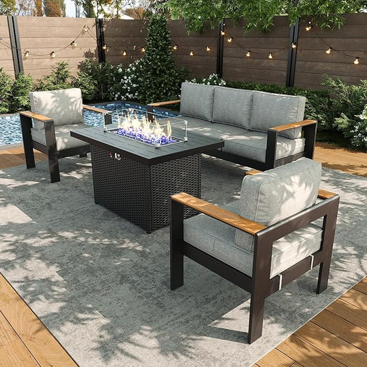 LayinSun 4 Piece Aluminum Outdoor Furniture Set with Fire Pit Table, Outside Patio Deep Seating Conversation Set with Upgraded Washable Thick Cushion