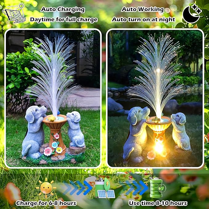 Solar Dog Statues Garden Decor with LED Lights -Resin Dogs Figurines Lights and Colour Changing Fiber Optical Light, Outdoor Decorations for Patio Yard Lawn Ornaments-Gifts for Housewarming