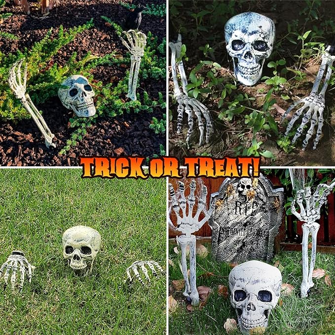 Maxee Halloween Luminous Skeleton Skull Set, 1 Skull & 2 Skull Hands with 5 m Fairy Lights & Remote Control (8 Modes & Timer), 2 Warm Fairy Lights (3 Modes), Halloween Decoration for Outdoor Garden