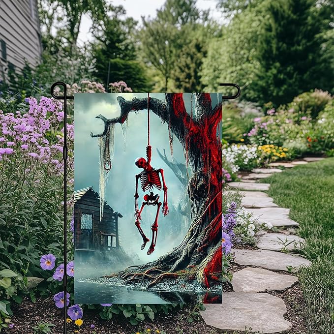 Halloween Horror Garden Flag 12x18 Inch Hanging Skull Swamp Tree Flag Outdoor Yard Decorations House Banner Porch Lawn Patio Home Decor