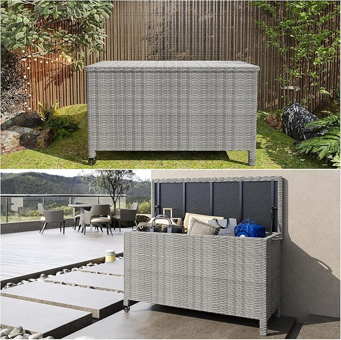 140 Gallon Outdoor Storage Deck Box, Large Rattan Storage Bin Wheel for Patio Cushions, Garden Tools and Pool Supplies, Waterproof, Grey