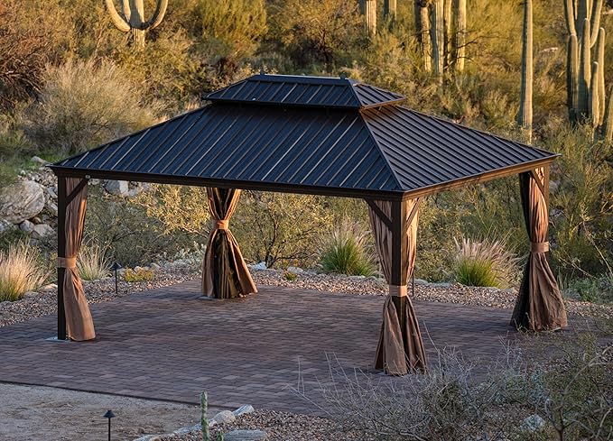 PURPLE LEAF 14' X 16' Outdoor Hardtop Gazebo Patio Wide Aluminum Frame Metal Double Roof with Heavy Duty Netting and Curtains for Permanent Hard Top Pavilion Screen Khaki