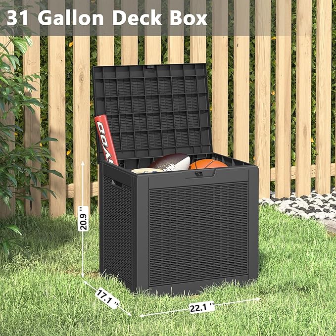 30 Gallon Outdoor Storage Deck Box Waterproof,Garden Tool,Backyard Cushion,Poolside Storage,Small Delivery Boxes for Outside,Lockable Lid,Rattan Black