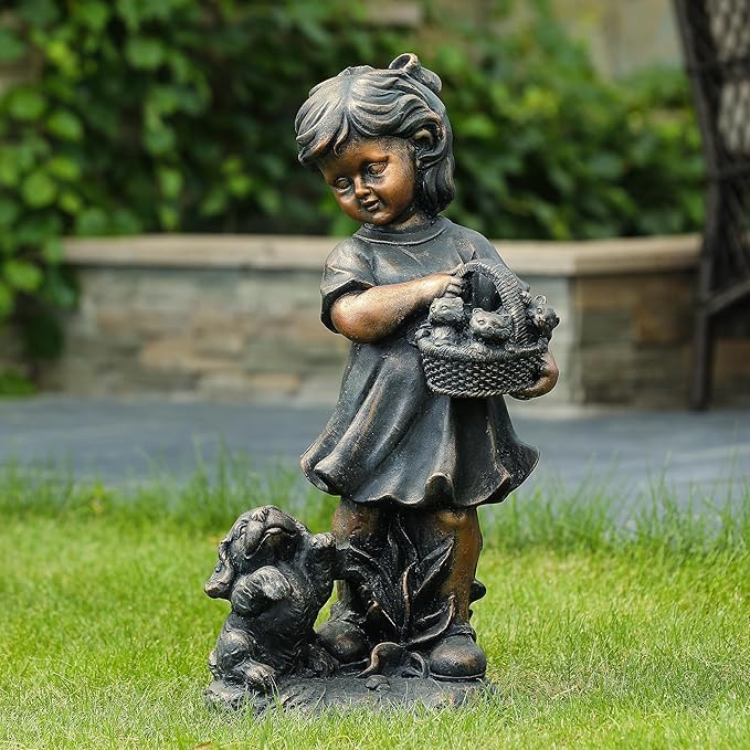 LuxenHome Garden Decor Statue,23" Fiber Stone Girl and Puppy Outdoor Statue, Bronze Garden Sculpture, Outdoor Art for Patio Courtyard Backyard Decor, House Warming Gifts