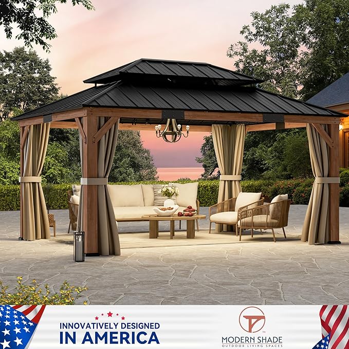 Modern Shade Rosewood Wood Gazebo 12' x 16', Cedar Framed Grill Gazebo with Double Galvanized Steel Roof, Mosquito Netting and Curtains, Permanent Hardtop with Sturdy Hooks for Garden, Backyard, Patio