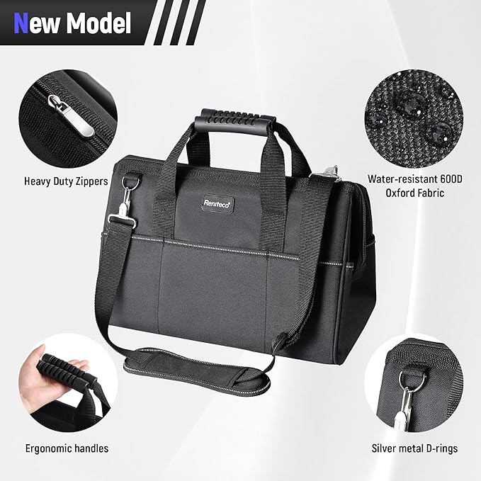 16 inch Heavy Duty Tool Bag for Work | Father's Day Bitthday Gift for Dad | Waterproof Oxford Fabric, Wide Mouth Design, Multi-Pocket Organizer with Padded Strap (Black)