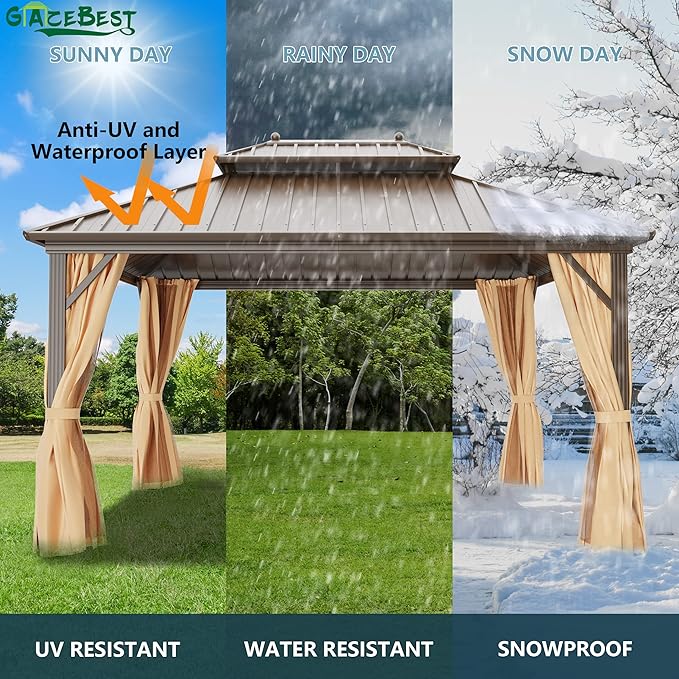 10x12 ft Hardtop Gazebo Outdoor Aluminum Patio Gazebo Double Roof Galvanized Steel Canopy with Netting and Curtains for Garden, Backyard, Deck and Lawns.