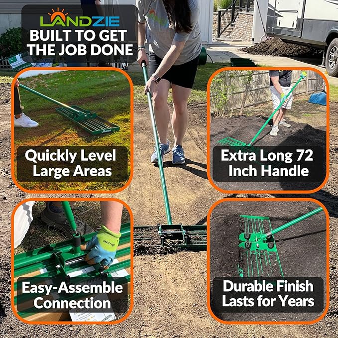 LANDZIE - The Original Lawn Leveling Rake – 36" Steel Handle Yard Leveler, Lawn Level Tool for Creating a Flat Surface - Works for Soil, Dirt, Topdressing, and Ground