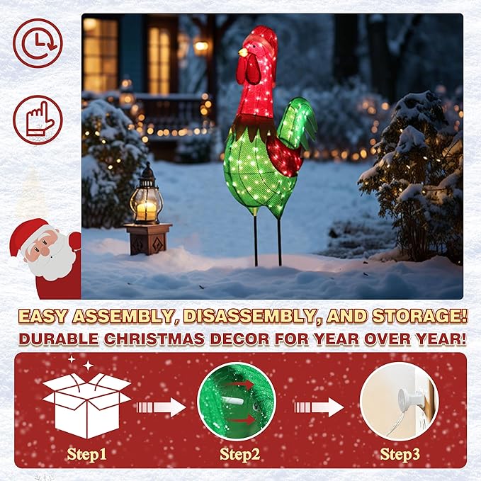 VEIKOU 6FT Christmas Decorations Outside Rooster, Outdoor 3D Light-up Chicken Hen Roster Christmas Decorations Outdoor for Yard Xmas Lawn Porch Holiday
