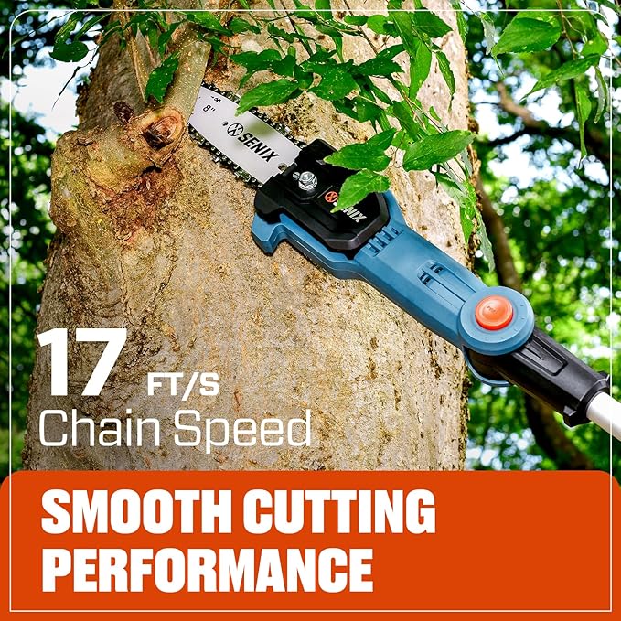 SENIX 20V Cordless Pole Saw, 8 Inch Telescopic Electric Pole ChainSaw with Articulating Head, 2.5Ah Battery & Charger Included for Tree Trimming, Pruning, and Cutting