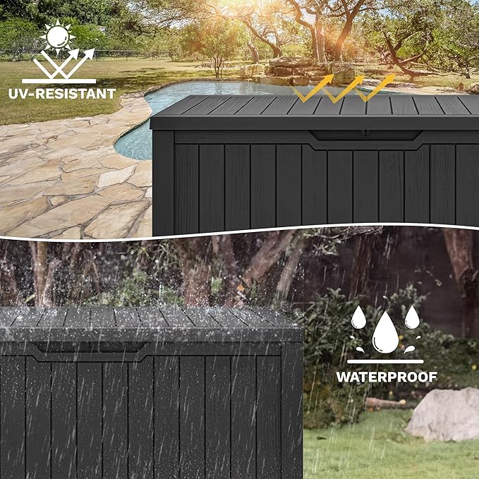 DWVO 120 Gallon Large Deck Box, Outdoor Lockable Storage Bin for Gardening Tools, Patio Cushions, Waterproof Resin (Black)