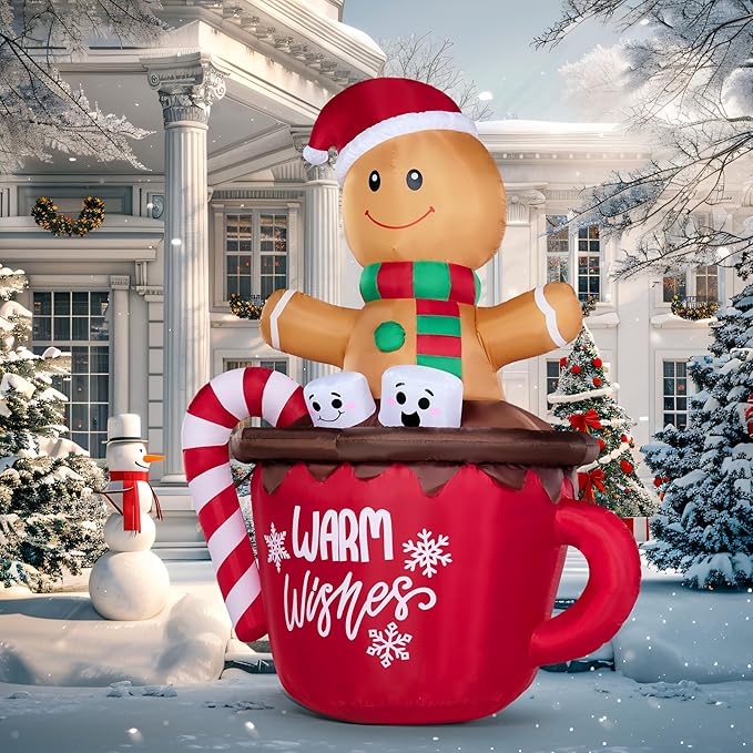 Joiedomi 6 FT Tall Christmas Inflatable Gingerbread Man in Hot Cocoa Mug with Build-in LEDs, Gingerbread Blow Up Yard Decoration for Xmas Party Outdoor Garden Decor
