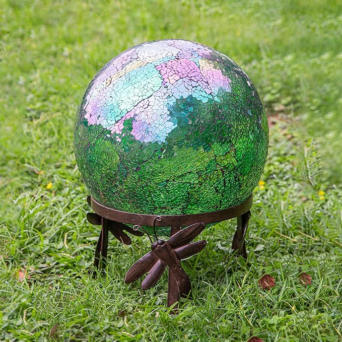 Wrought Iron Gazing Ball Stand for 10 or 12 Inch Gazing Balls – Low-Profile Garden Orb Holder, Outdoor Decorative Display for Yard, Patio, and Lawn Decor，Dragonfly