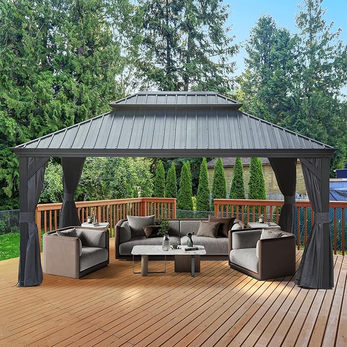 Domi 12' X 16' Hardtop Gazebo Outdoor Metal Gazebo with Galvanized Steel Double Roof Canopy, Aluminum Frame, Curtains and Netting for Patio, Deck, Garden, Grey