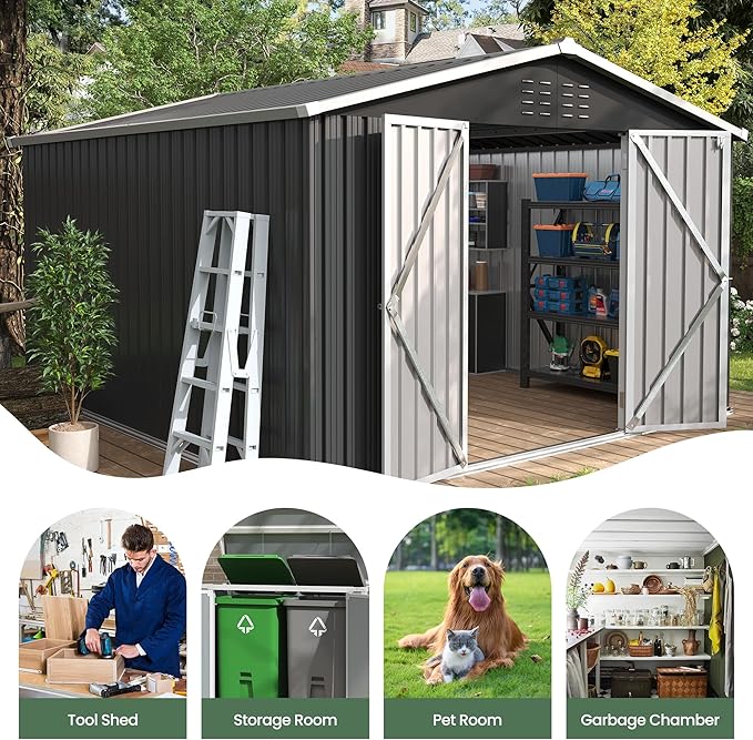 Amopatio 12x10 Storage Shed, Metal Sheds & Outdoor Storage for Bike, Garden Tools, with Lockable Door