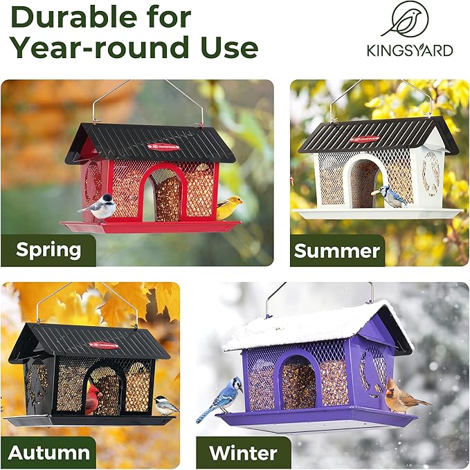 Kingsyard Metal Bird Feeders for Outdoors Hanging, Wild Bird Feeder with Seed Tray and Weatherproof Roof, 3 lbs Seed Capacity, White
