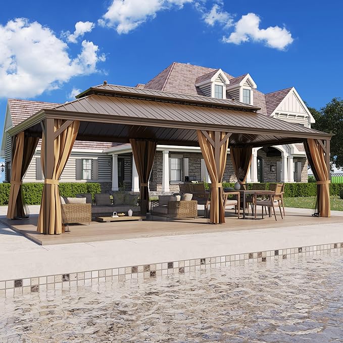 12' X 24' Hardtop Gazebo, Outdoor Galvanized Steel Double Roof Permanent Aluminum Frame Pavilion Pergola Canopy with Privacy Curtains for Garden, Patio, Backyard, Deck and Lawns.