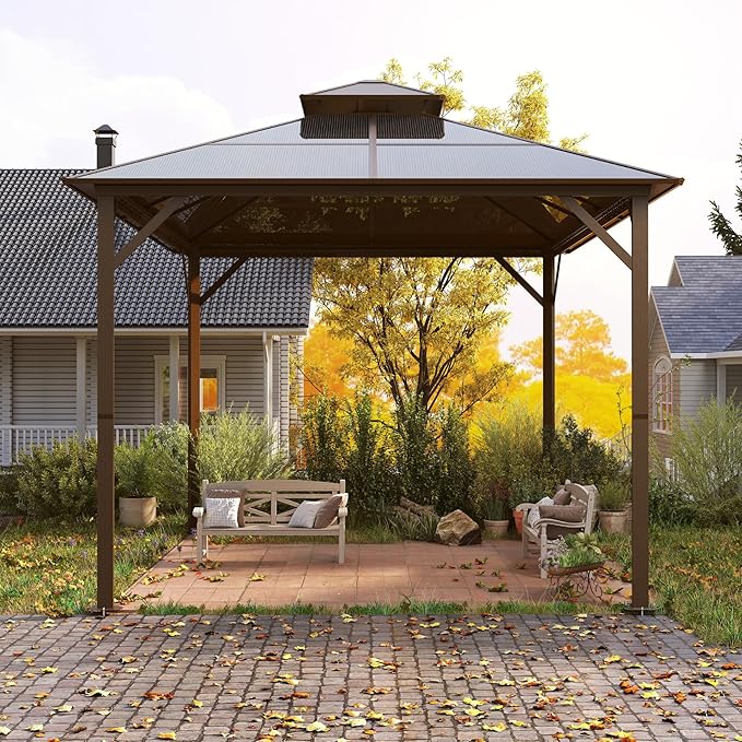 Kingdura Hardtop Gazebo 10'x10' with Double Polycarbonate Roof Canopy, Outdoor Gazebo with All-Weather Resistant Aluminum Frame Permanent Pavilion, UV Blocking for Patio Lawn Garden