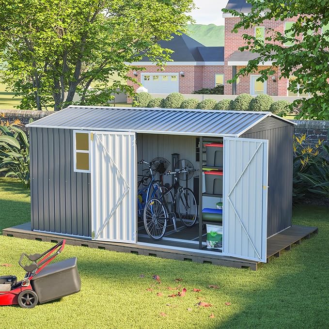 8×12 Ft Metal Outdoor Storage Shed with Floor Base and Window, 0.25mm Galvanized Steel Metal Garden Shed Waterproof with Lockable Door for Backyard, Patio, Garden, Dark Grey