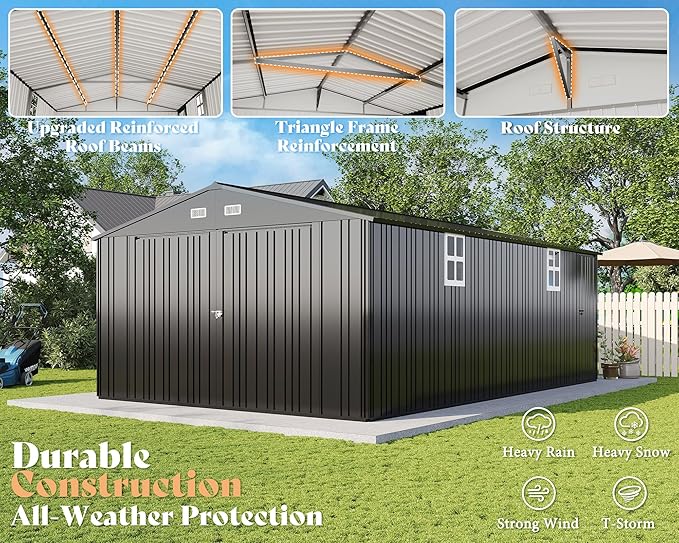 AMERLIFE 10x21x7.3 FT Outdoor Metal Garage Shed, Extra Large Storage Shed with Double Hinged Doors & 4 Windows, Carport for Car, Midsize SUV and Equipment Storage, Dark Gray