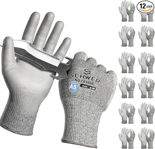 Schwer 12 Pairs ANSI A5 Cut Resistant Work Gloves, Cut Proof Gloves with PU Coating, Used for Metal Fabrication, WoodWorking, Construction, Non Slip, Durable, M, CR3088