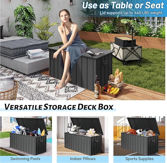 Outdoor Storage Box, 100 Gallon Metal Deck Box Built-in a Oxford Fabric Storage Bag, Lockable & Waterproof Outside Patio Storage Box for Cushions, Tools, Pool Floats- Grey