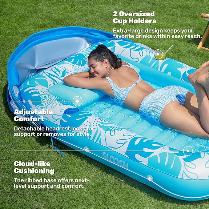 SLOOSH Inflatable Pool Floats Adult, 70" x 46" Tanning Pool with Canopy, 4 in 1 Lounger Float with Pillow, Suntan Tub Raft Floatie, Sunbathing Bed Lounge for Water Blow Up Kids Ball Pit Party Gifts