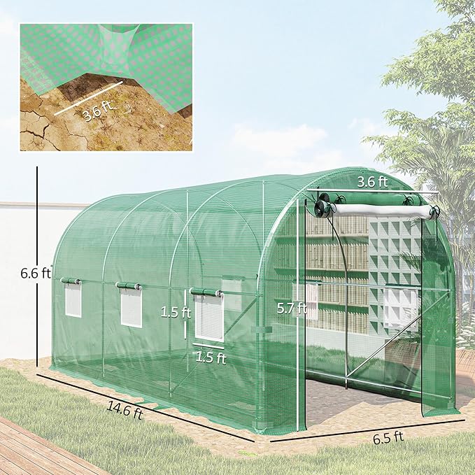 Outsunny 14.6'x6.5'x6.6' Hoop House Greenhouse with 2 Support Rods, Zippered Roll-up Mesh Door, Mesh Windows, Walk-in Tunnel Greenhouse with PE Cover, Galvanized Steel Frame, Outdoor Garden, Green