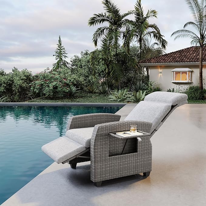Indoor Outdoor Wicker Recliner Chair with Flip-Up Table Air Pump 155° Lay Flat, Adjustable Wicker Lounge Recliner Chair with Independently Backrest and Footrest