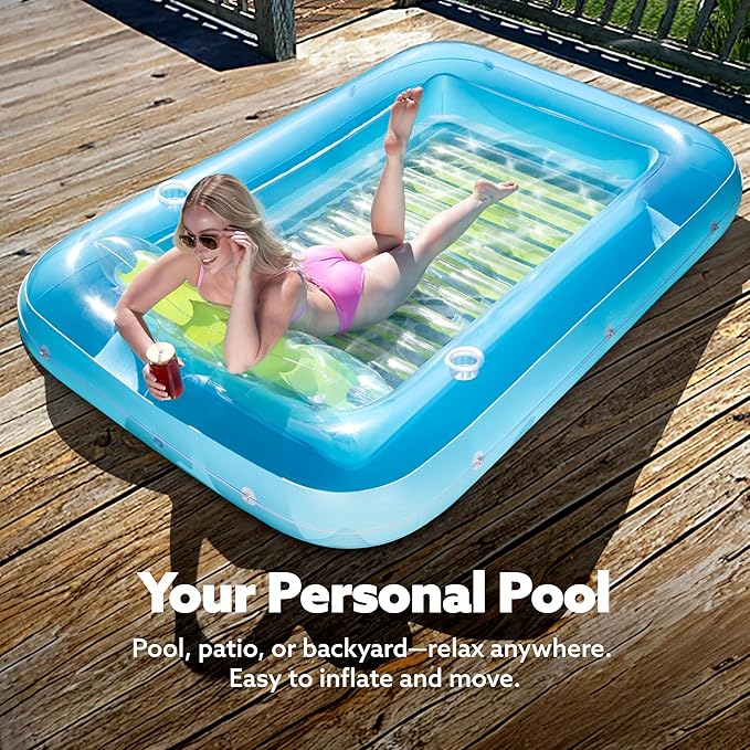SLOOSH Inflatable Tanning Pool Lounger Float, 85" x 57" Extra Large Pool Floats Adult with Pillow, 4 in 1 Suntan Tub Raft Floatie,Sunbathing Bed Lounge for Water Blow Up Ball Pit, XL-Blue Green