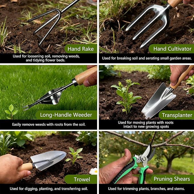 Garden Tool Set,10 Pcs Heavy Duty Gardening Hand Tools Set with Soil Moisture Meter and Storage Tote Bag,Rust-Proof Garden Supplies Kit for Planting,Ideal Gardening Gifts for Women