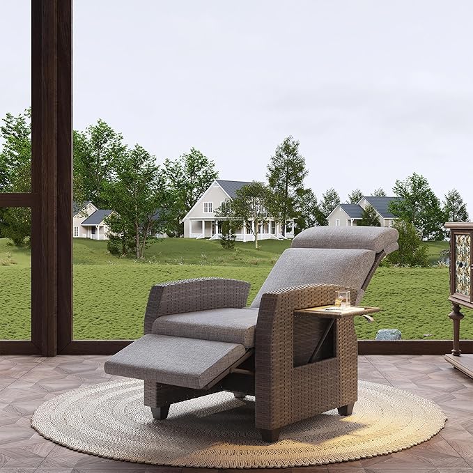 Indoor Outdoor Wicker Recliner Chair with Flip-Up Table Air Pump 155° Lay Flat, Adjustable Wicker Lounge Recliner Chair with Independently Backrest and Footrest