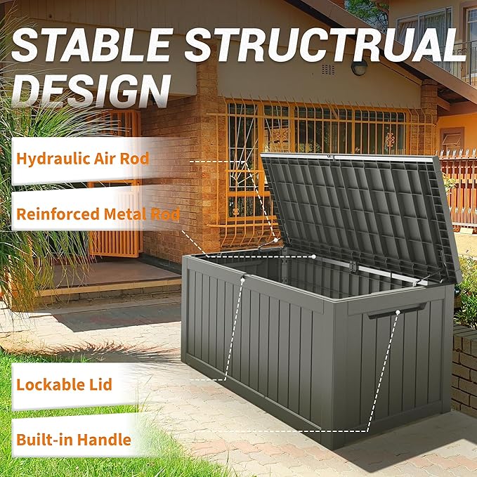 NUNU LAB 230 Gallon Outdoor Storage Box, Large Resin Deck Box with Lockable Lid, Waterproof & UV-Resistant Patio Storage Bin for Garden Tools, Pool Accessories & Furniture, Grey