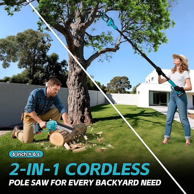 2-in-1 Cordless 6 in Pole Saw for Tree Trimming,15.5 ft Extended Reach Electric Saw with 180° Adjustable Head, Brushless Motor, 2 x 1300 Ah High-Capacity Batteries & Extra Chain