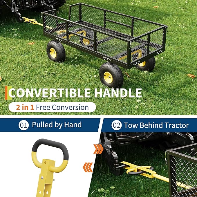 GarveeLife 900 LBS Garden Cart on Wheels with Adjustable Handles, Heavy Duty Steel Garden Wagon with Removable Mesh Sides to Convert into Flatbed, Wagon Cart for Lawn Farm Yard