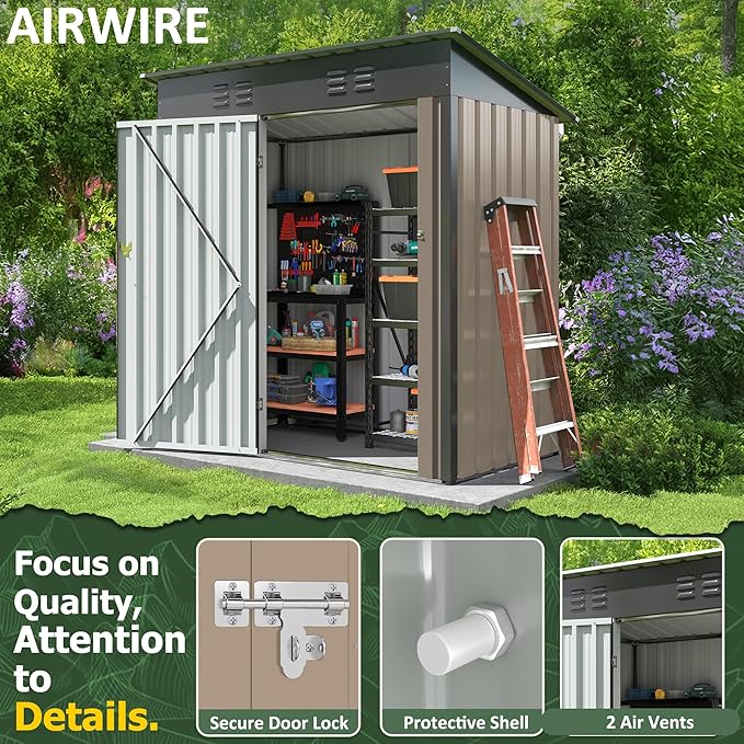 5x3 FT Outdoor Storage Shed, Garden Shed with Updated Frame Structure and Lockable Doors, Metal Tool Sheds for Backyard Garden Patio Lawn,Brown