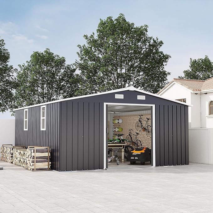 10×12 Ft Metal Shed Outdoor Storage with Two Daylight Windows, 0.25mm Galvanized Steel Metal Garden Shed Waterproof with Lockable Door for Backyard, Patio, Garden，Light Grey