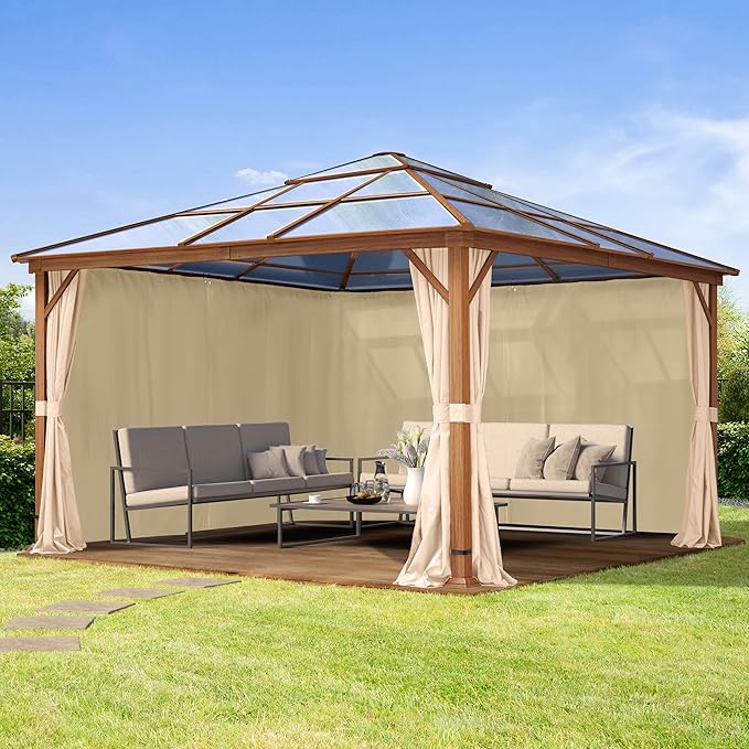 TOOLPORT Hardtop Gazebo 13x13 ft with Polycarbonate Roof - Wood-Like Finish - 4 Side Panels in Champagne