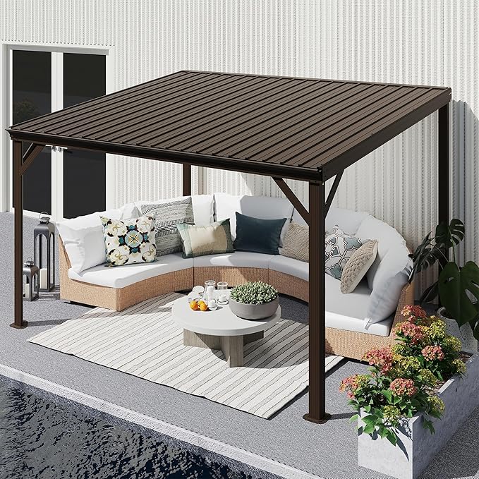 Domi 10'x12' Wall Mounted Hardtop Gazebo, Connectable Lean to Pergola with Gutters & Galvanized Steel Roof, 60MPH Wind Resistance, Outdoor Heavy Duty Metal Awning for Patio, Deck, Backyard - Brown