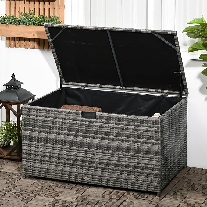 Outsunny 113 Gallon Deck Box, Rattan Outdoor Storage Box, Waterproof Storage Container for Indoor, Patio Furniture Cushions, Pool Supplies, Garden Tools, Dark Gray