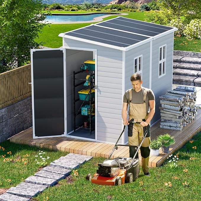 Outdoor Resin Storage Shed with Floor 8x4x6 FT Waterproof Lean to Sheds Kit Included 2 Windows Lockable Door, Plastic Tool Shed for Backyard Garden Patio Lawn